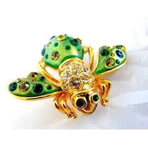 Joan Rivers Cosmic Bee Pin Brooch Green Crystal Enameled Gold Jewelry Vtg New